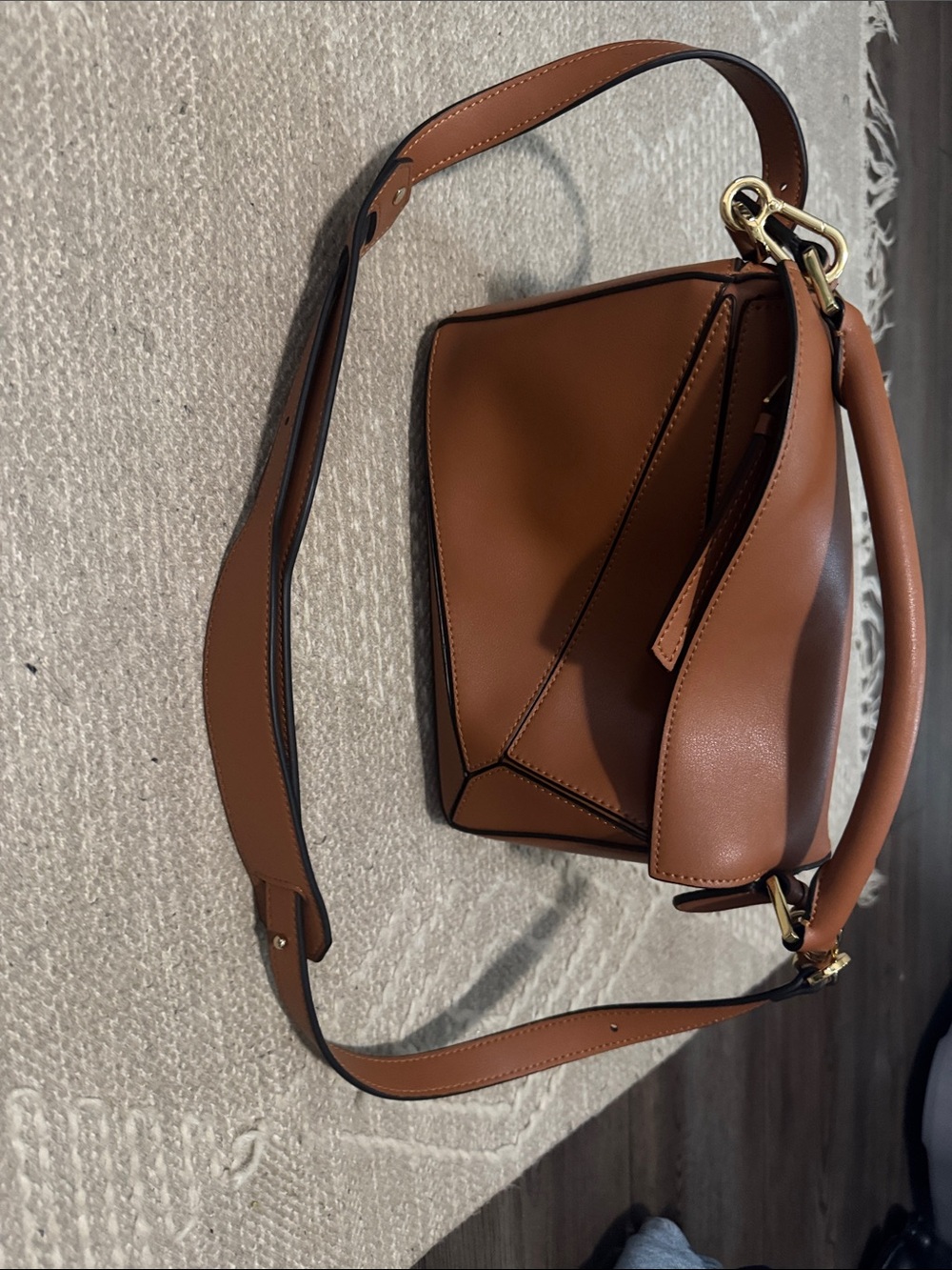 Structured Tan Leather Shoulder Bag with Gold Hardware